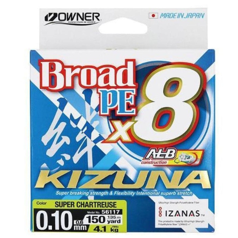 Owner Kizuna Broad X8 Super Braid PE0.6 9LB 300YD CHARTREUSE