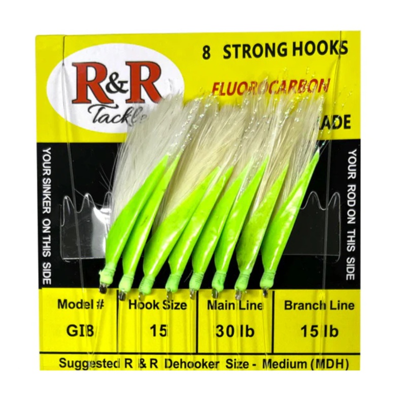 R&R GI8 Bait Rig- Size 15 Green Fish Skin/White Feather Hooks (8 count)