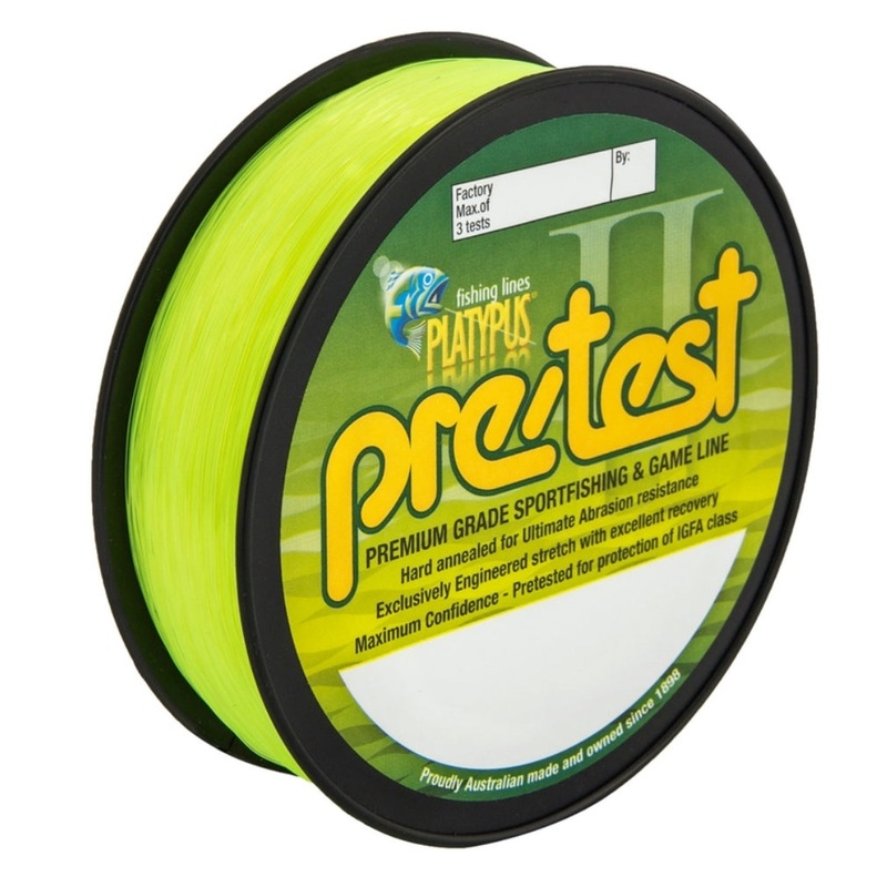 Platypus Pre Test IGFA Rated Approved Mono Game Fishing Line Hi Vis Yellow 500m 10kg