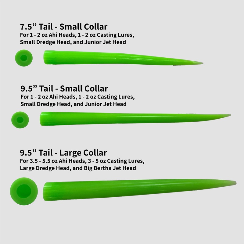 Wolfpack Tackle Ahi Tails 9.5″ (for 3-3.5oz Heads, Large Dredge/Jet Head) Glow White