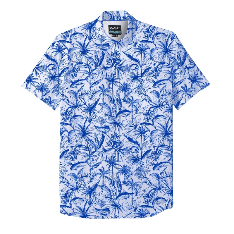 SCALES Loose Lines Button Down Short Sleeve Shirt White / Aqua Small