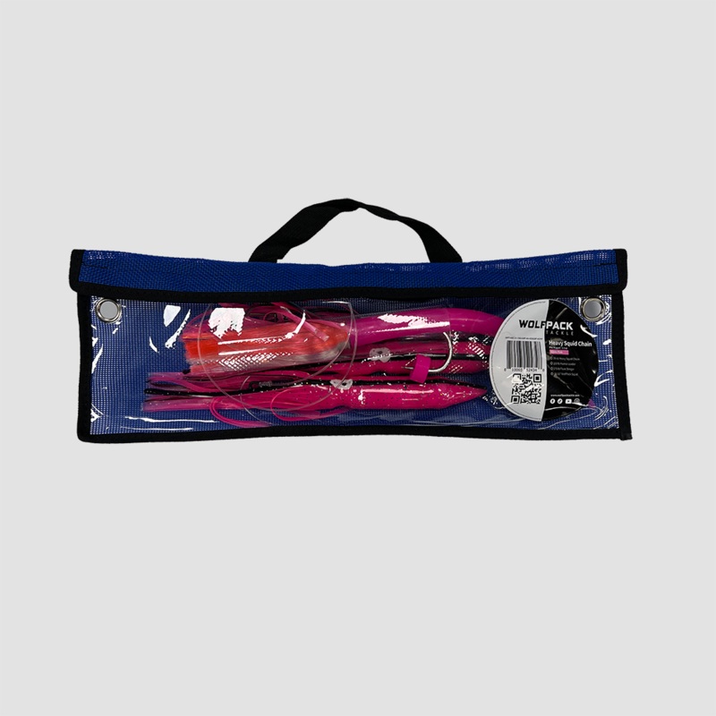 WolfPack Tackle Ahi Squid Chains 3 Glow Pink Squids | Glow Pink 3.5oz Ahi Head w/ Crystal/Pink Stinger