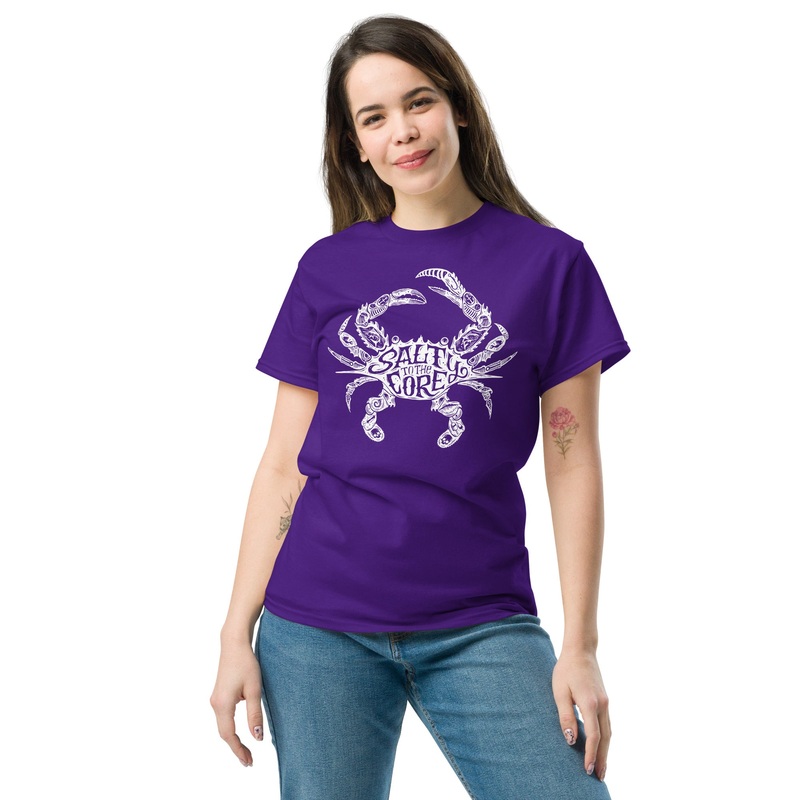 The Official “Salty To The Core” Salty Crab Unisex Short Sleeve T-Shirt – Limited Edition (10% OF PROFITS DONATED TO UNICEF!) Purple/White – Limited Edition S