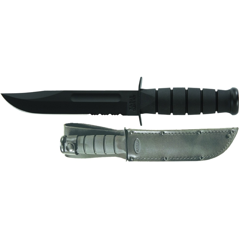 Ka-Bar KB1212 Fighting Utility Knife Black with Black Leather Sheath Serrated Edge